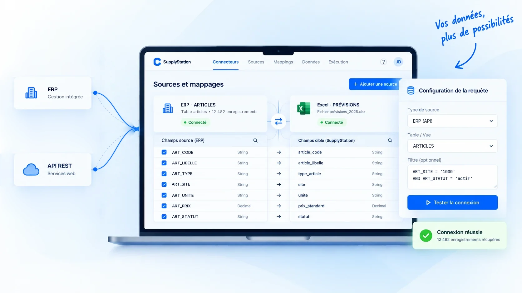 Sources et mappages de données du Builder PDA : connecteurs ERP et API REST, champs reliés à SupplyStation