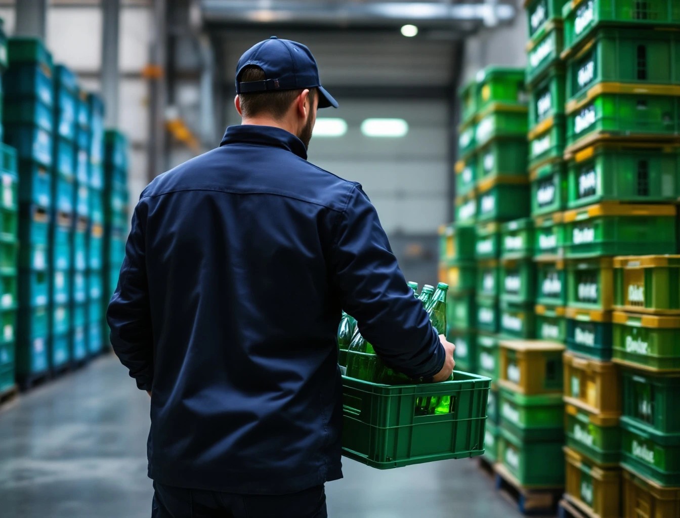 Opérateur manipulant des caisses de bouteilles consignées en entrepôt