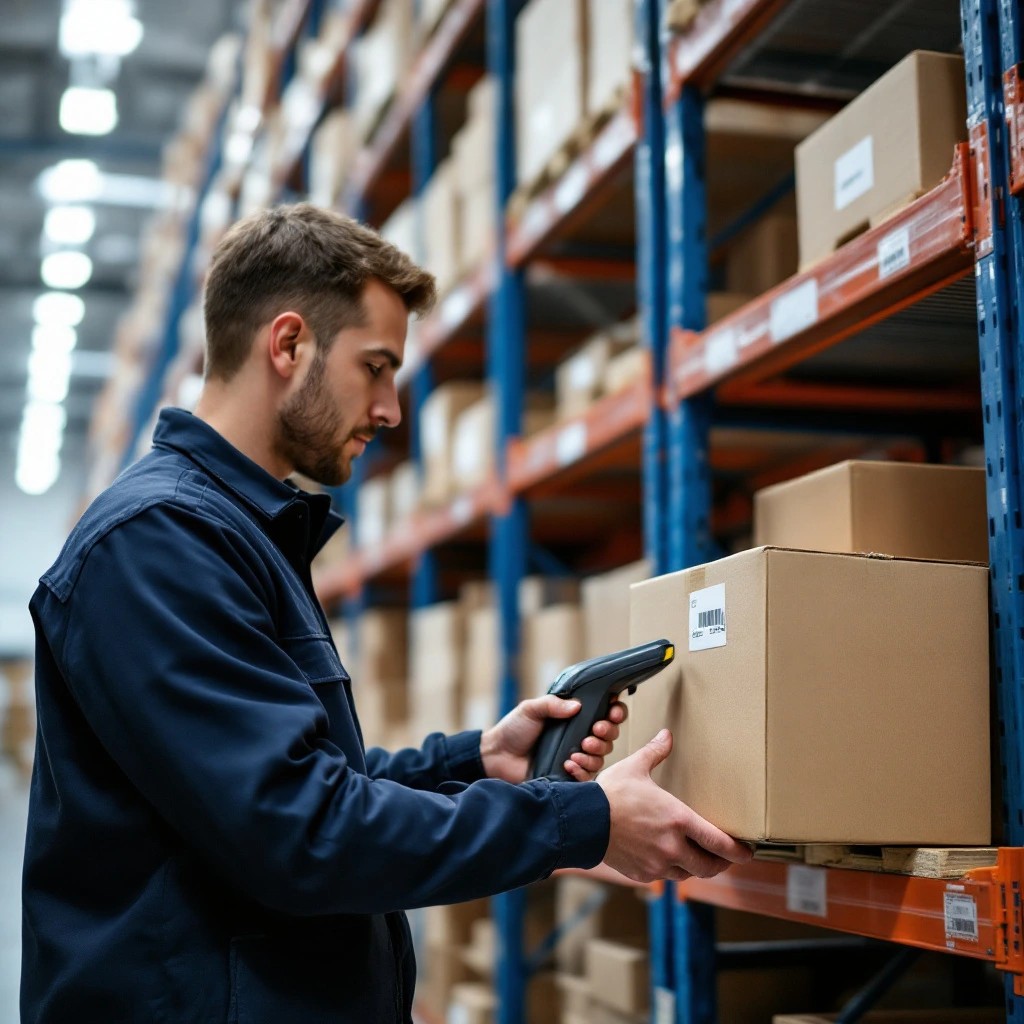 Opérateur scannant le code-barres d’un carton sur un rayonnage d’entrepôt